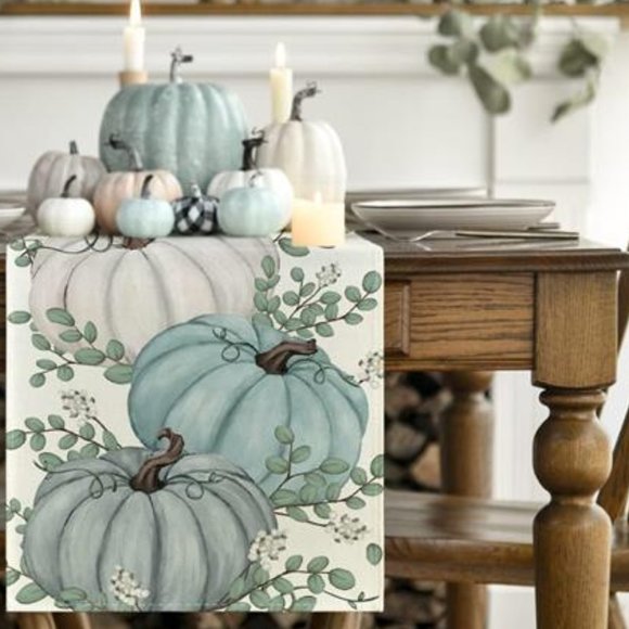 Long Table Runner Fall Decor Pumpkin Farmhouse Thanksgiving Home Decoration Teal - Picture 3 of 9